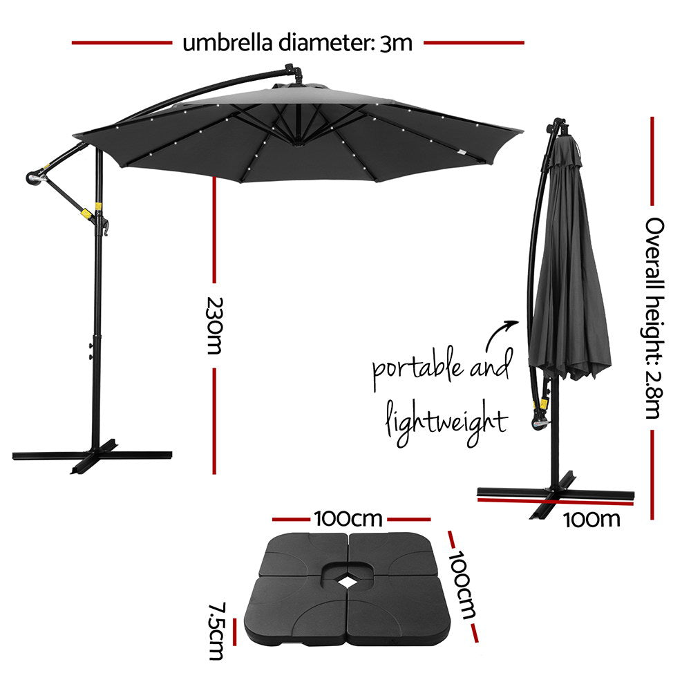Instahut Outdoor Umbrella 3M Cantilever Beach LED Base Garden Sun Patio Charcoal-Home & Garden > Shading > Umbrellas & Sunshades-PEROZ Accessories