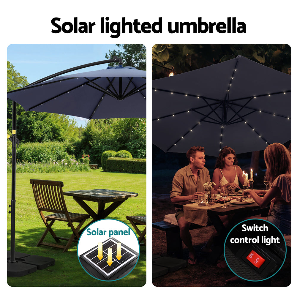 Instahut Outdoor Umbrella 3M Cantilever Beach LED w/Base Garden Shade Patio Navy-Home & Garden > Shading > Umbrellas & Sunshades-PEROZ Accessories
