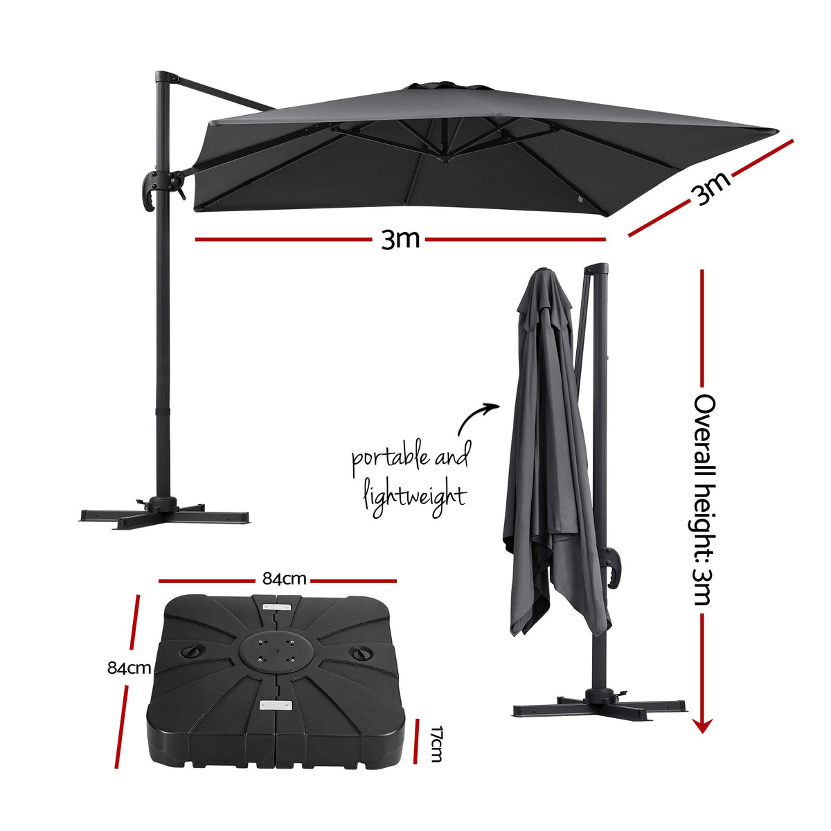Instahut Outdoor Umbrella w/Base 3m Cantilever Stand Sun Roma 360 Degree Charcoal-Home & Garden > Shading > Umbrellas & Sunshades-PEROZ Accessories