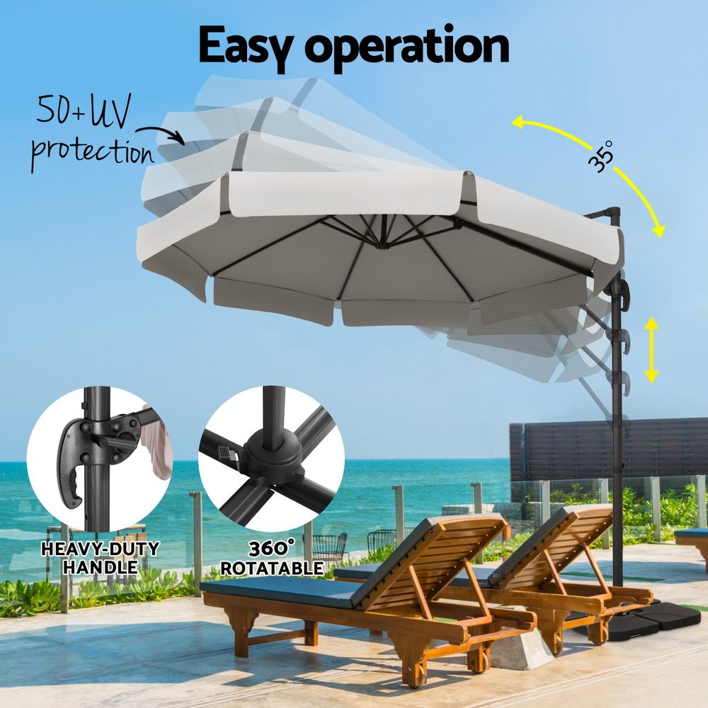 Instahut 3m Outdoor Umbrella w/Base Cantilever Beach Roma 360 Degree Tilt Grey-Outdoor Umbrellas-PEROZ Accessories