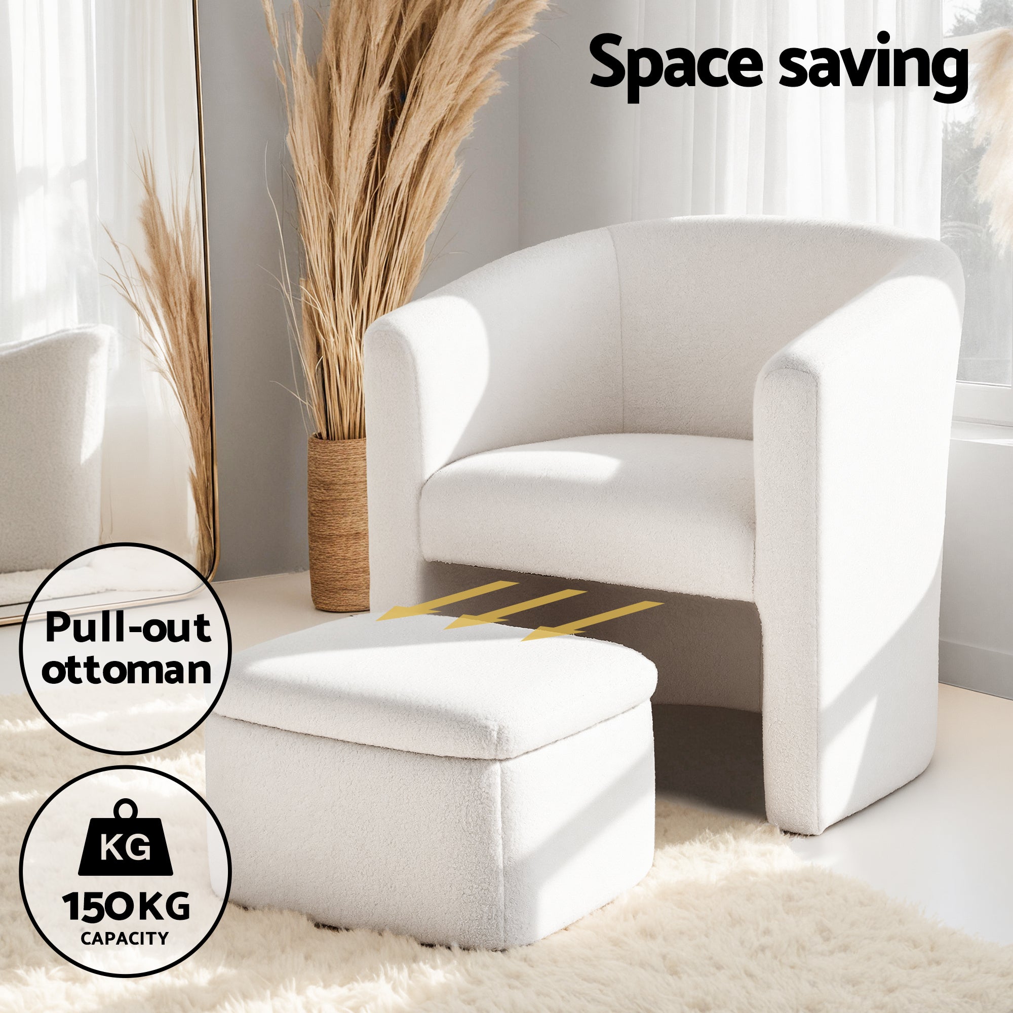 Artiss Armchair Accent Chair w/Ottoman Lounge Footrest Storage Boucle White-Furniture > Bar Stools & Chairs > Arm Chairs & Recliners-PEROZ Accessories