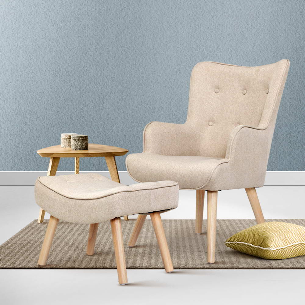 Artiss Armchair Set with Ottoman Beige Lansar-Armchairs-PEROZ Accessories