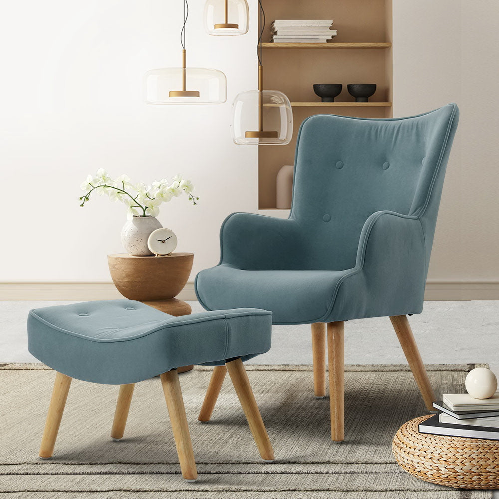 Artiss Armchair Set with Ottoman Blue Lansar-Armchairs-PEROZ Accessories