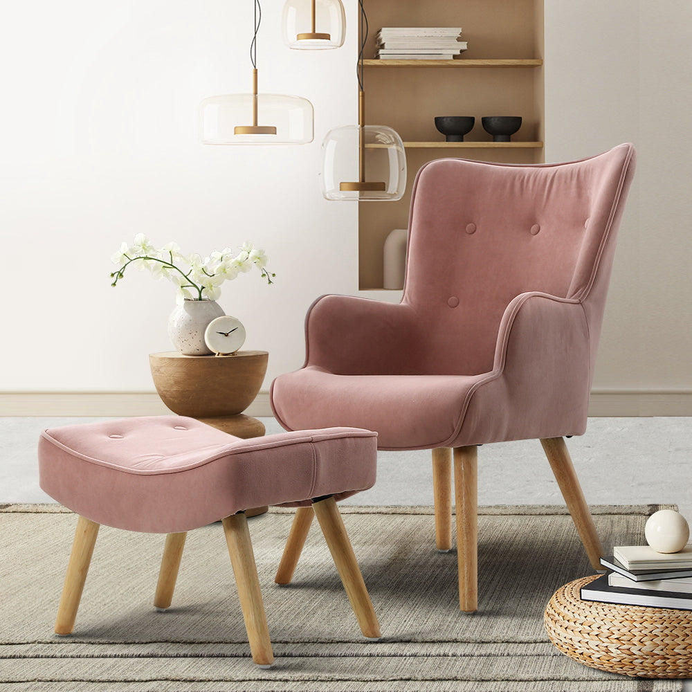 Artiss Armchair Set with Ottoman Pink Lansar-Armchairs-PEROZ Accessories