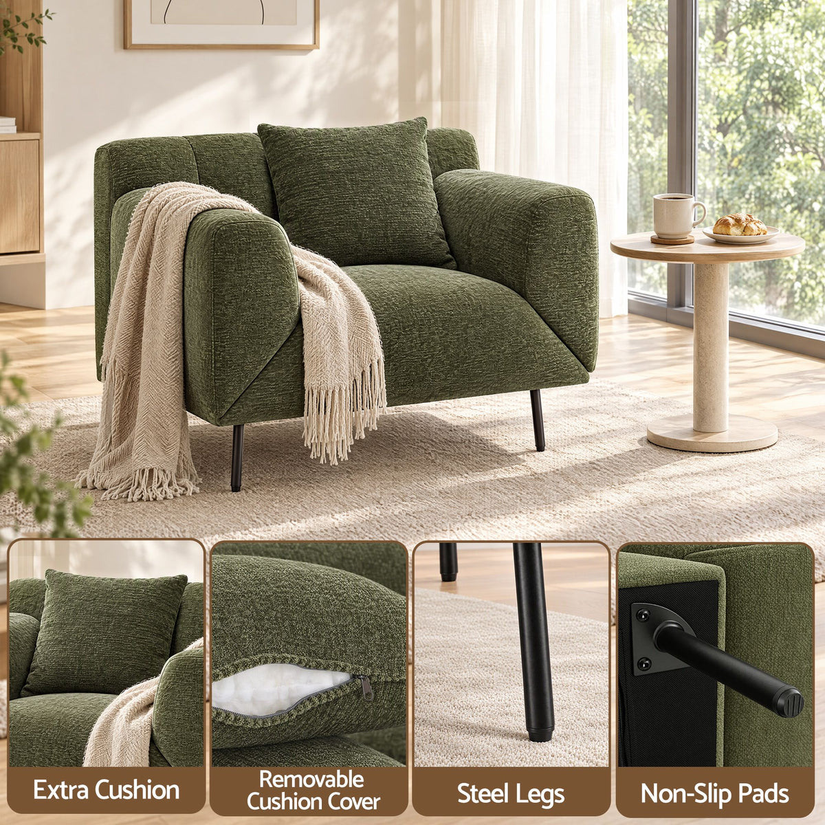 Artiss Armchair 3-in-1 Convertible Chenille Lounger and Daybed Green-Furniture > Bar Stools & Chairs > Arm Chairs & Recliners-PEROZ Accessories