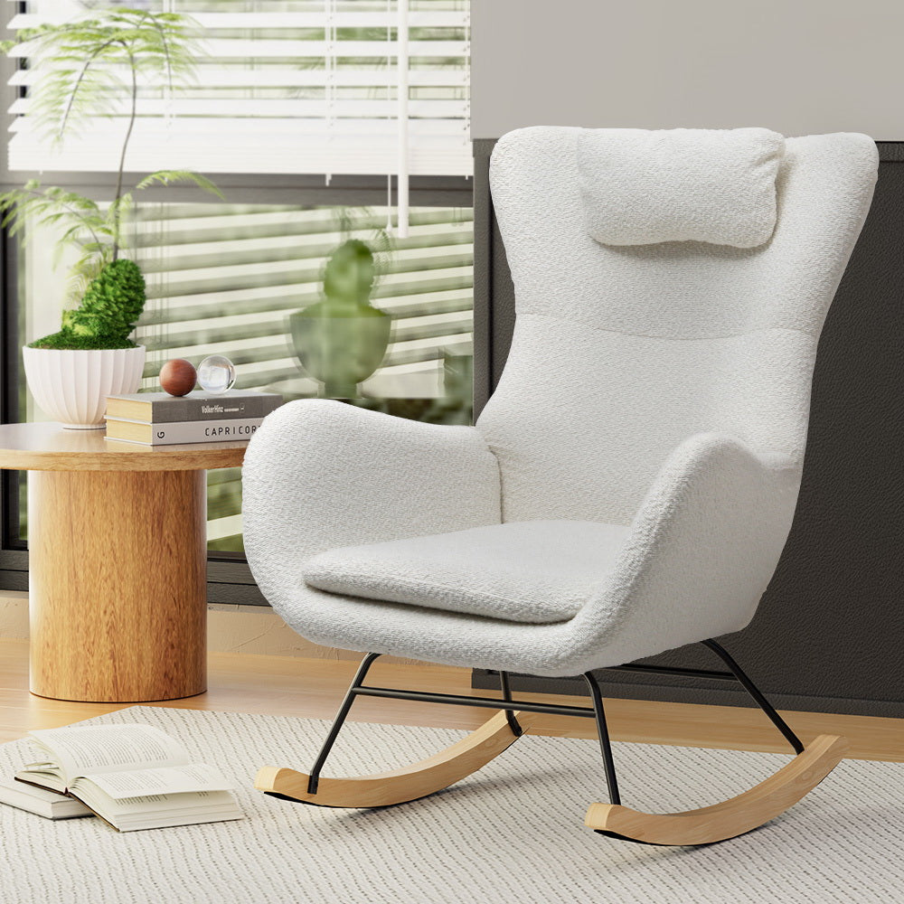 Artiss Rocking Chair Armchair Pillow Boucle White-Armchairs-PEROZ Accessories