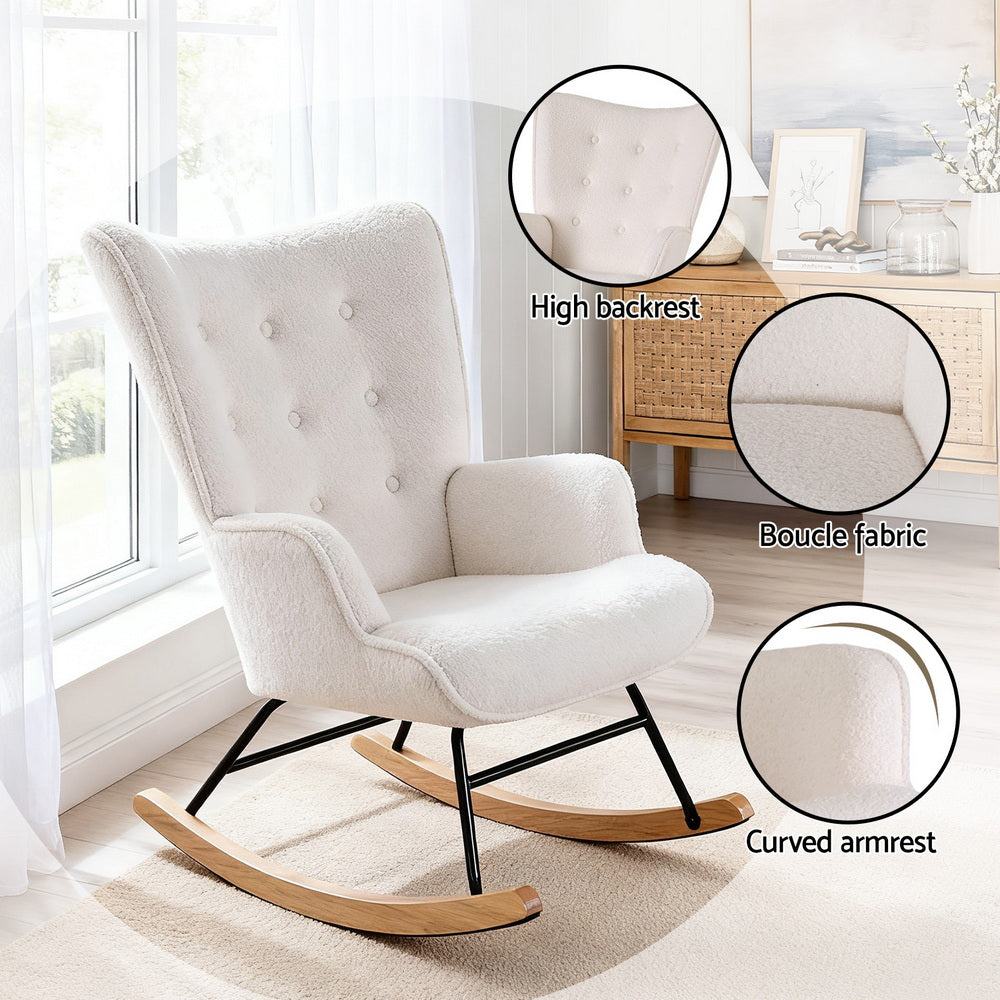Artiss Rocking Armchair Nursing Chair Boucle Fabric White-Furniture > Bar Stools & Chairs > Arm Chairs & Recliners-PEROZ Accessories