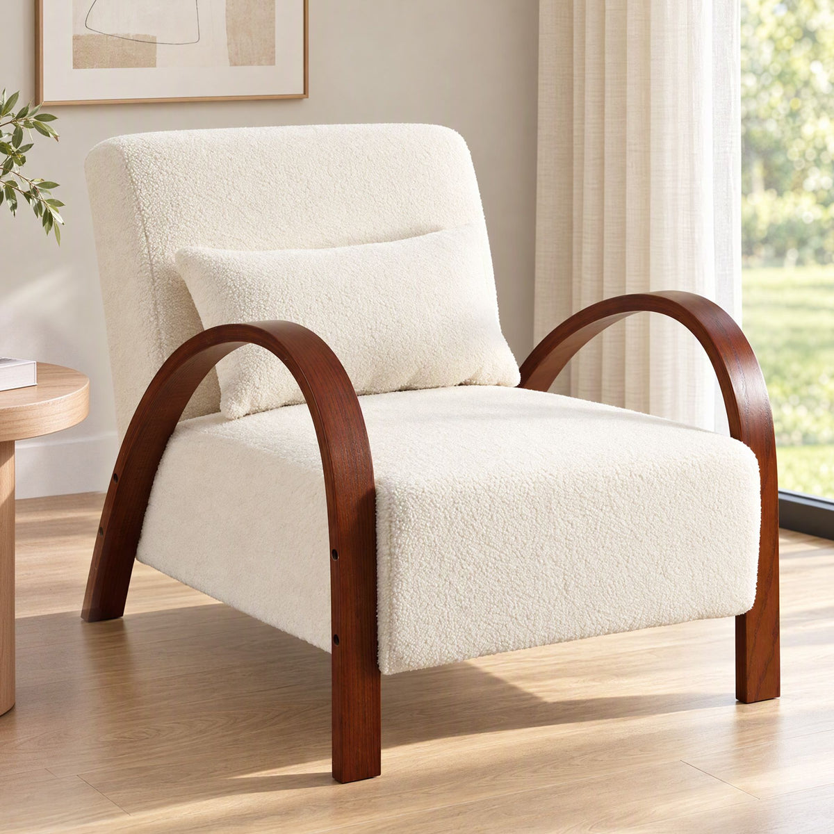 Artiss Teddy Fabric Armchair Curved Bentwood Arms with Cushion Beige-Furniture > Bar Stools & Chairs > Arm Chairs & Recliners-PEROZ Accessories