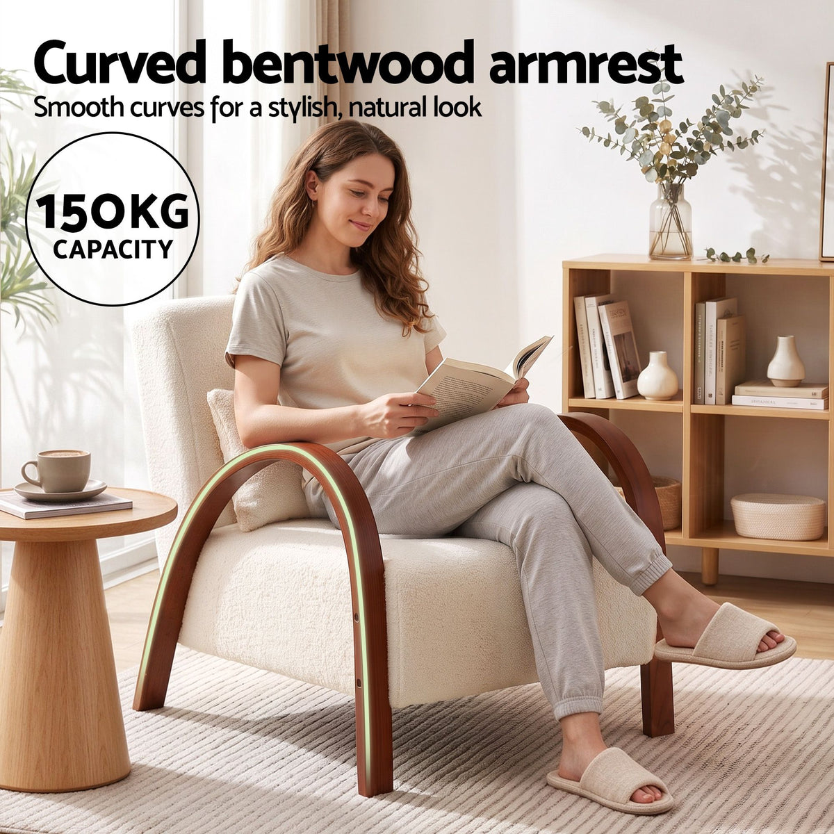 Artiss Teddy Fabric Armchair Curved Bentwood Arms with Cushion Beige-Furniture > Bar Stools & Chairs > Arm Chairs & Recliners-PEROZ Accessories
