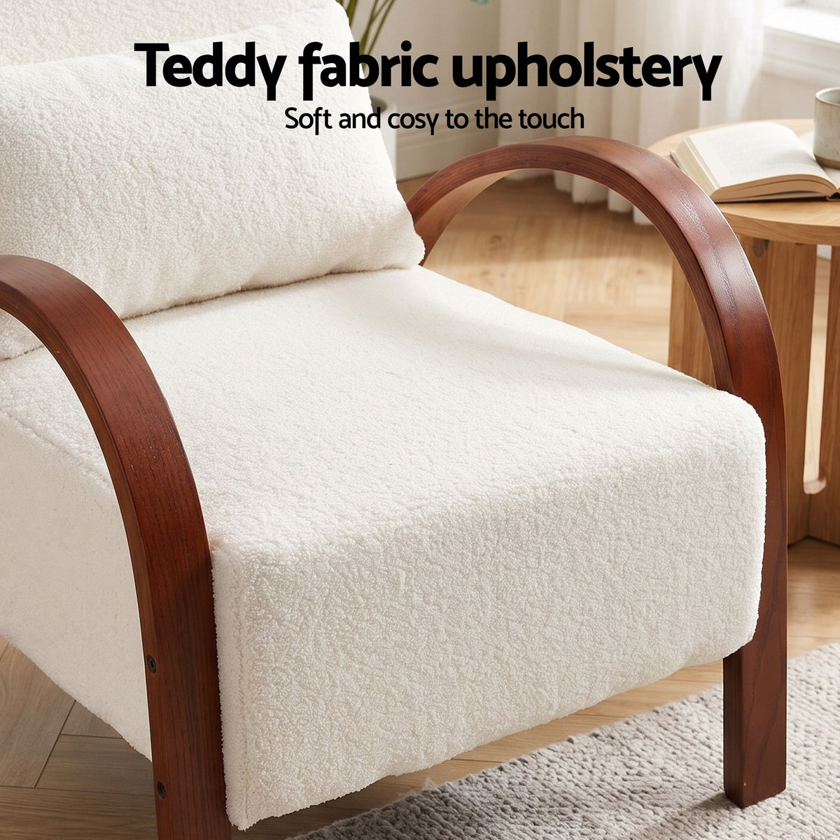 Artiss Teddy Fabric Armchair Curved Bentwood Arms with Cushion Beige-Furniture > Bar Stools & Chairs > Arm Chairs & Recliners-PEROZ Accessories
