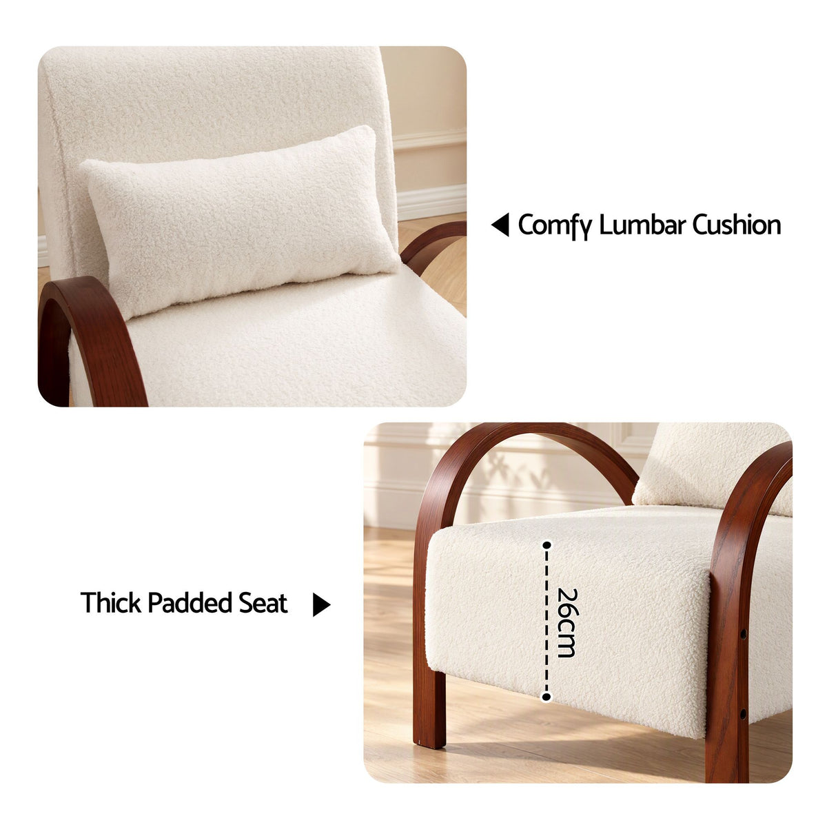 Artiss Teddy Fabric Armchair Curved Bentwood Arms with Cushion Beige-Furniture > Bar Stools & Chairs > Arm Chairs & Recliners-PEROZ Accessories