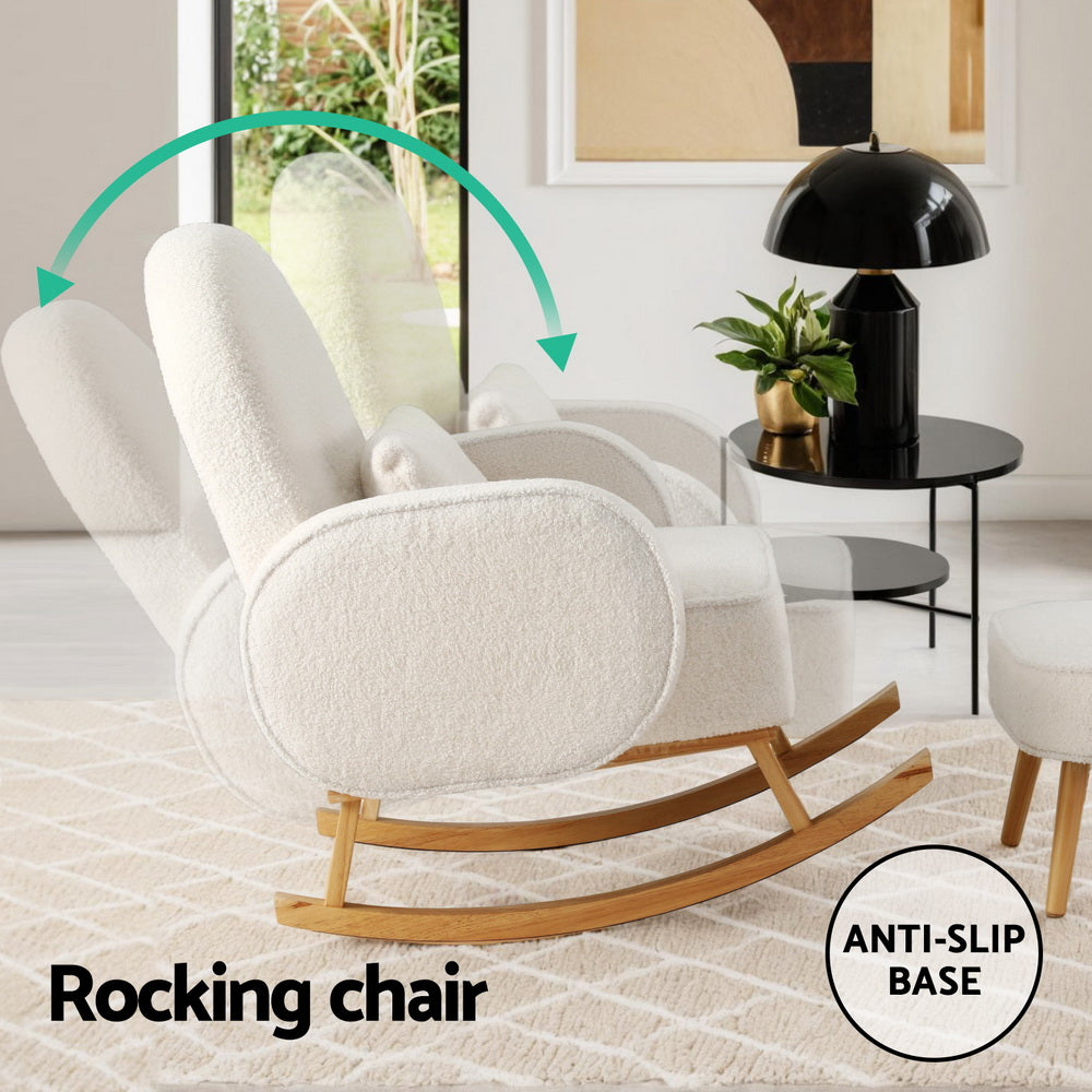 Artiss Armchair Rocking Chair Ottoman Lounge Footrest Round Nursing Boucle White-Furniture > Bar Stools & Chairs > Arm Chairs & Recliners-PEROZ Accessories