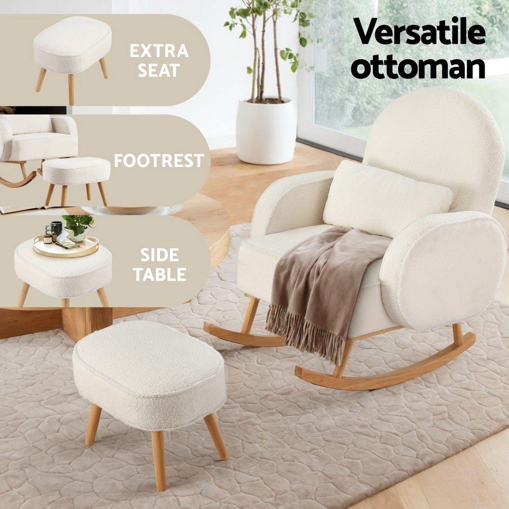 Artiss Armchair Rocking Chair Ottoman Lounge Footrest Round Nursing Boucle White-Furniture > Bar Stools & Chairs > Arm Chairs & Recliners-PEROZ Accessories