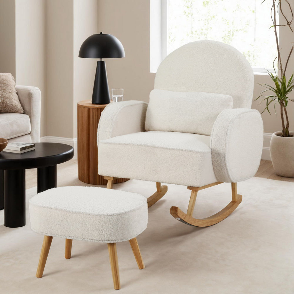 Artiss Armchair Rocking Chair Ottoman Lounge Footrest Round Nursing Boucle White-Furniture > Bar Stools & Chairs > Arm Chairs & Recliners-PEROZ Accessories