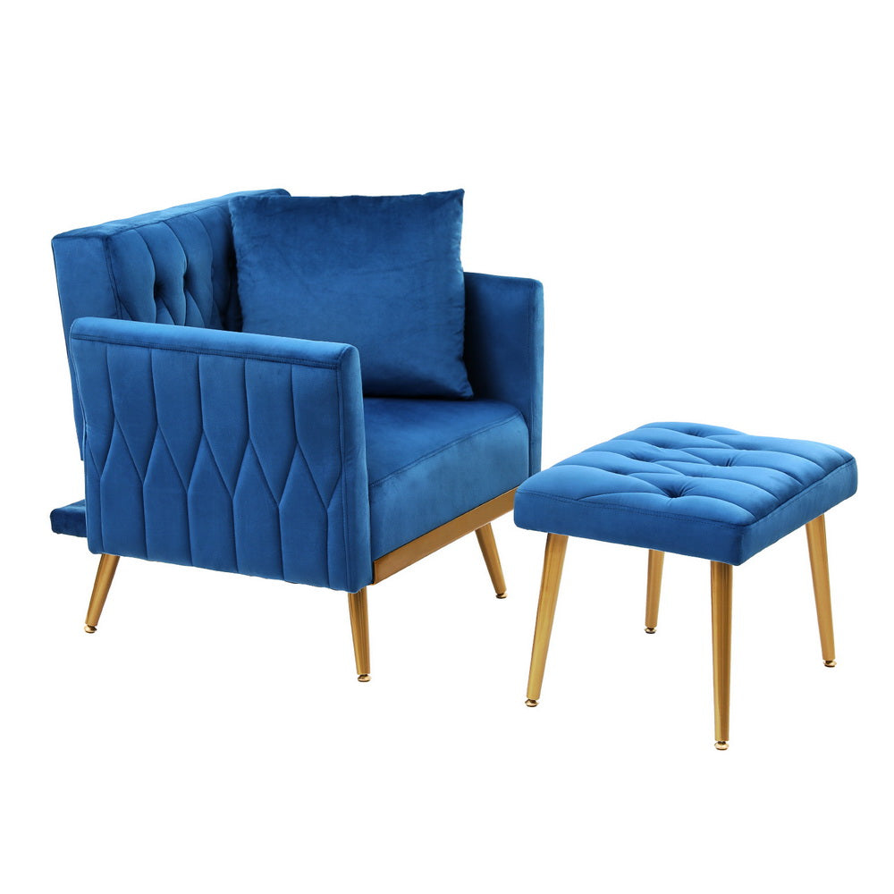 Artiss Armchair Ottoman Accent Chair Pillow Velvet Blue-Furniture > Bar Stools & Chairs > Arm Chairs & Recliners-PEROZ Accessories