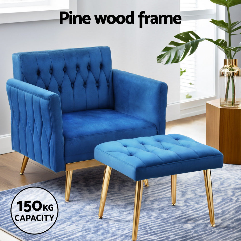Artiss Armchair Ottoman Accent Chair Pillow Velvet Blue-Furniture > Bar Stools & Chairs > Arm Chairs & Recliners-PEROZ Accessories
