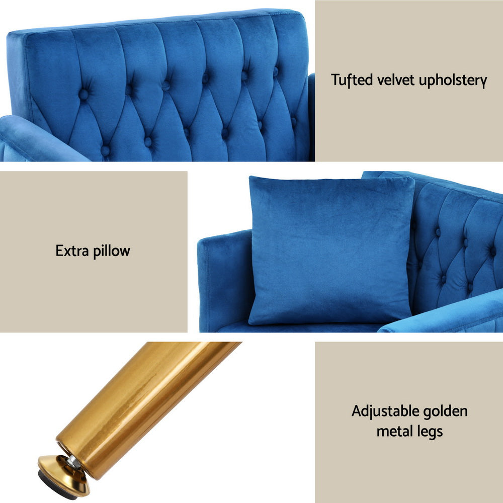 Artiss Armchair Ottoman Accent Chair Pillow Velvet Blue-Furniture > Bar Stools & Chairs > Arm Chairs & Recliners-PEROZ Accessories