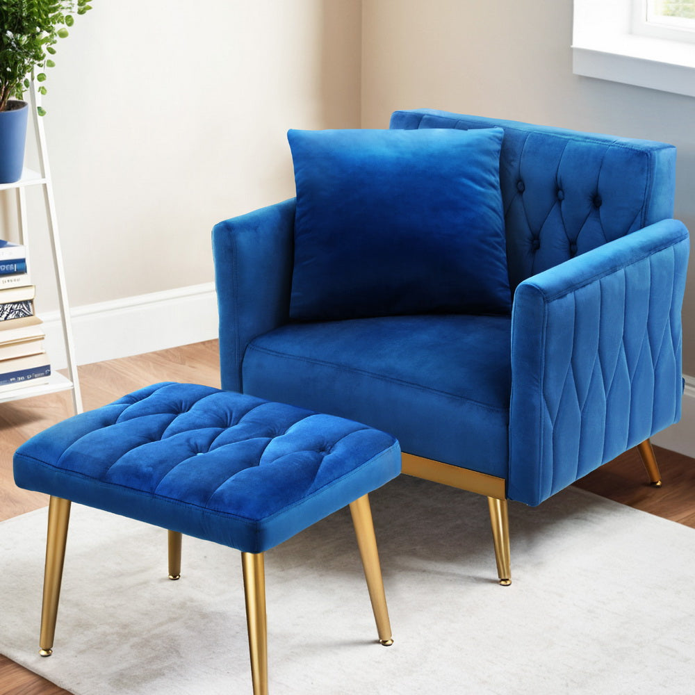 Artiss Armchair Ottoman Accent Chair Pillow Velvet Blue-Furniture > Bar Stools & Chairs > Arm Chairs & Recliners-PEROZ Accessories