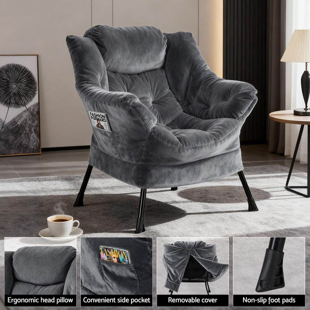 Artiss Armchair Accent Chair Ottoman Lounge Footrest Velvet Grey-Furniture > Bar Stools & Chairs > Arm Chairs & Recliners-PEROZ Accessories
