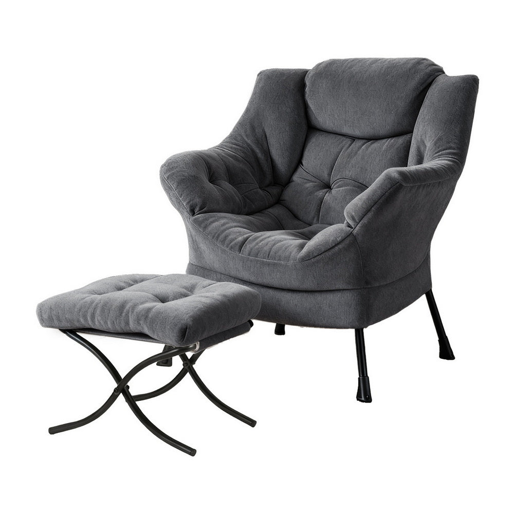 Artiss Armchair Accent Chair Ottoman Lounge Footrest Velvet Grey-Furniture > Bar Stools & Chairs > Arm Chairs & Recliners-PEROZ Accessories