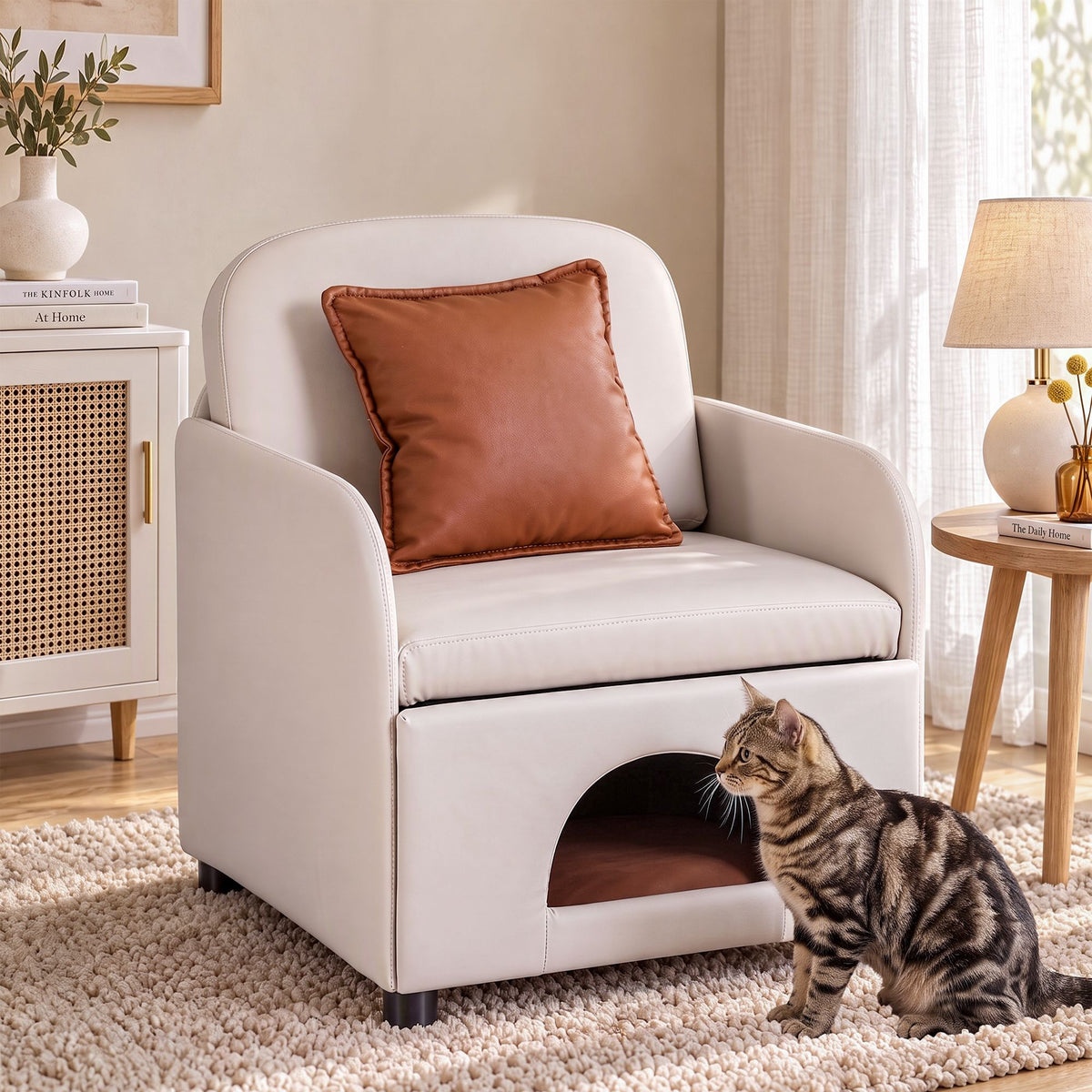 Artiss Armchair PU Leather Pet Accent Lounge Chair Cushion Beige-Furniture > Bar Stools & Chairs > Arm Chairs & Recliners-PEROZ Accessories