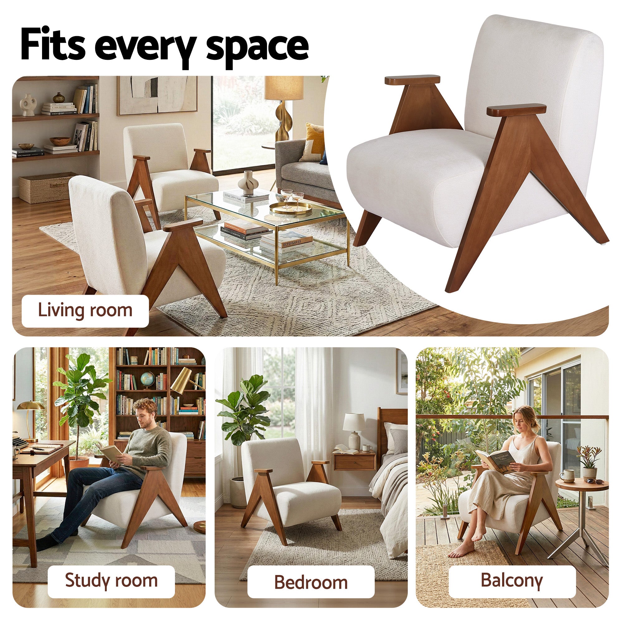 Artiss Armchair Accent Chair Sturdy Upholstered Solid Wood Chenille Fabric White-Furniture > Bar Stools & Chairs > Arm Chairs & Recliners-PEROZ Accessories