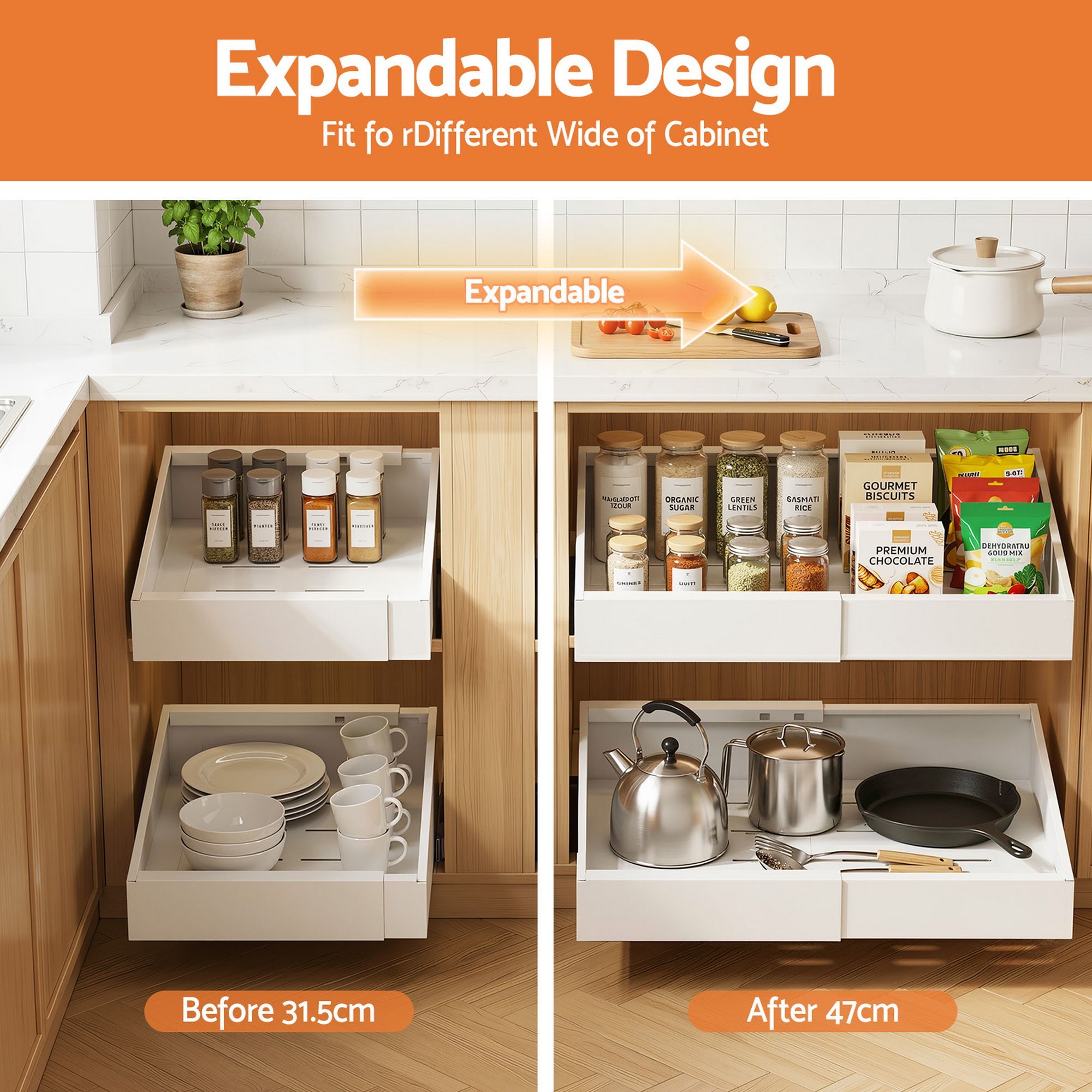 Artiss 2 Pack Pull Out Drawers for Cabinets Expandable Cabinet Organizer White-Furniture > Bathroom > Bathroom Cabinets, Cupboards & Storage-PEROZ Accessories