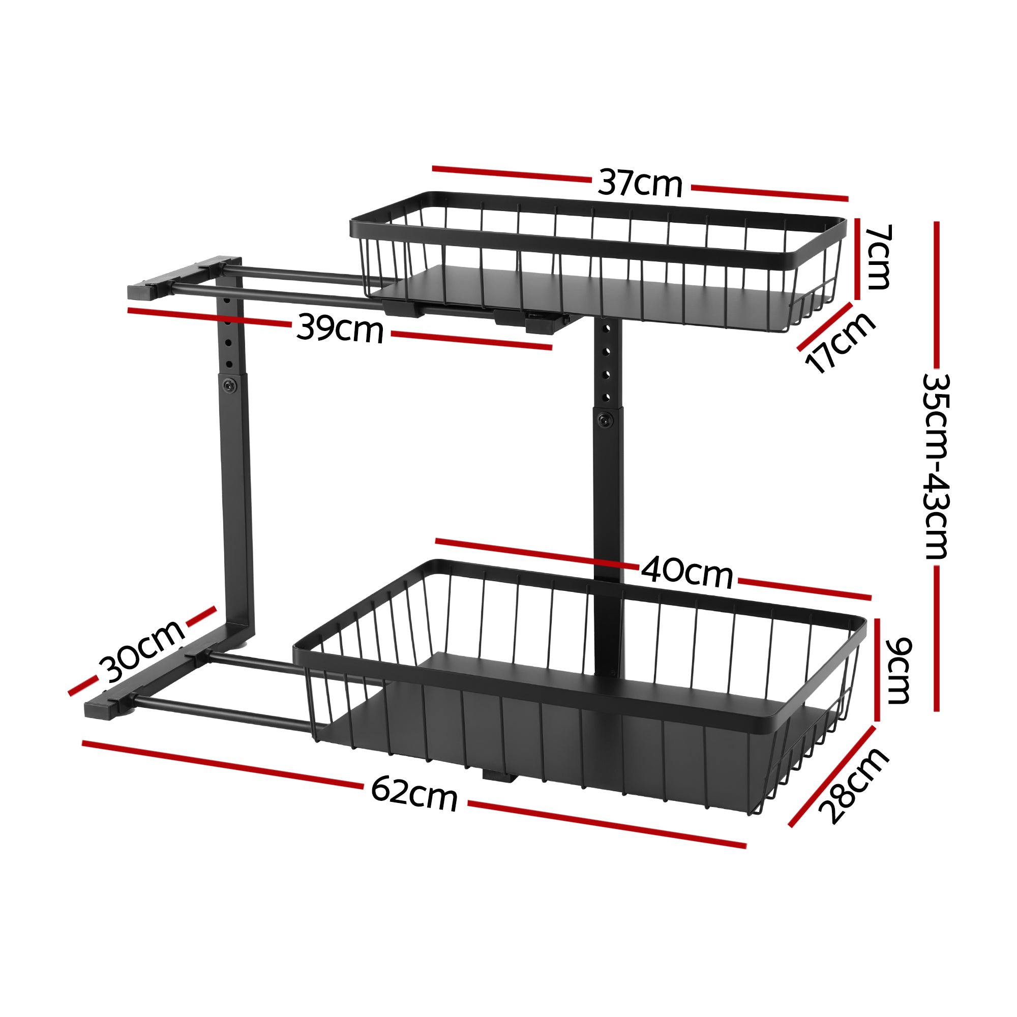 Artiss Under Sink Organizer Storage with 2 Slide Out Drawers 5 Adjustable Height Bathroom Kitchen Cabinet Black-Furniture > Dining > Kitchen & Dining Trolleys-PEROZ Accessories