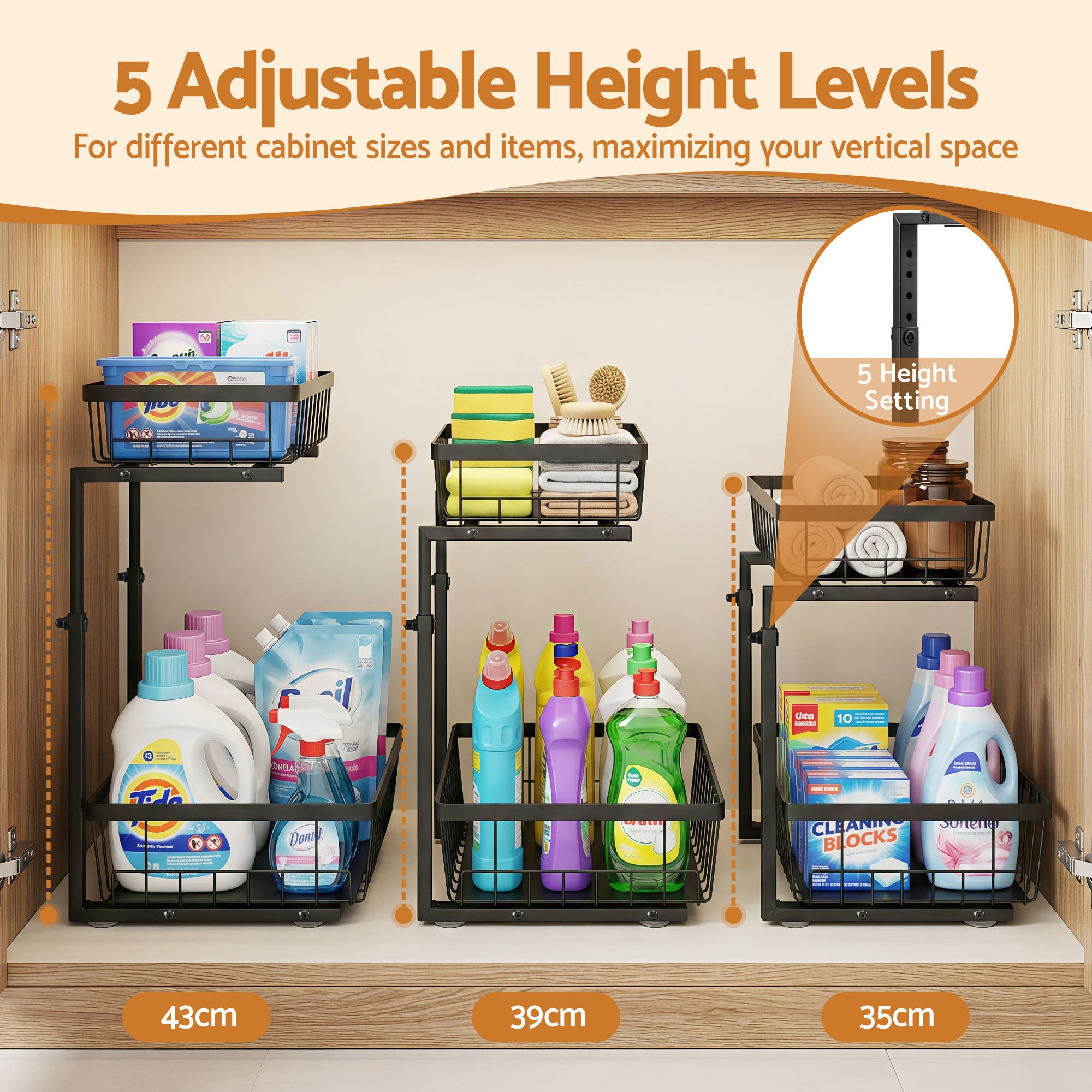 Artiss Under Sink Organizer Storage with 2 Slide Out Drawers 5 Adjustable Height Bathroom Kitchen Cabinet Black-Furniture > Dining > Kitchen & Dining Trolleys-PEROZ Accessories