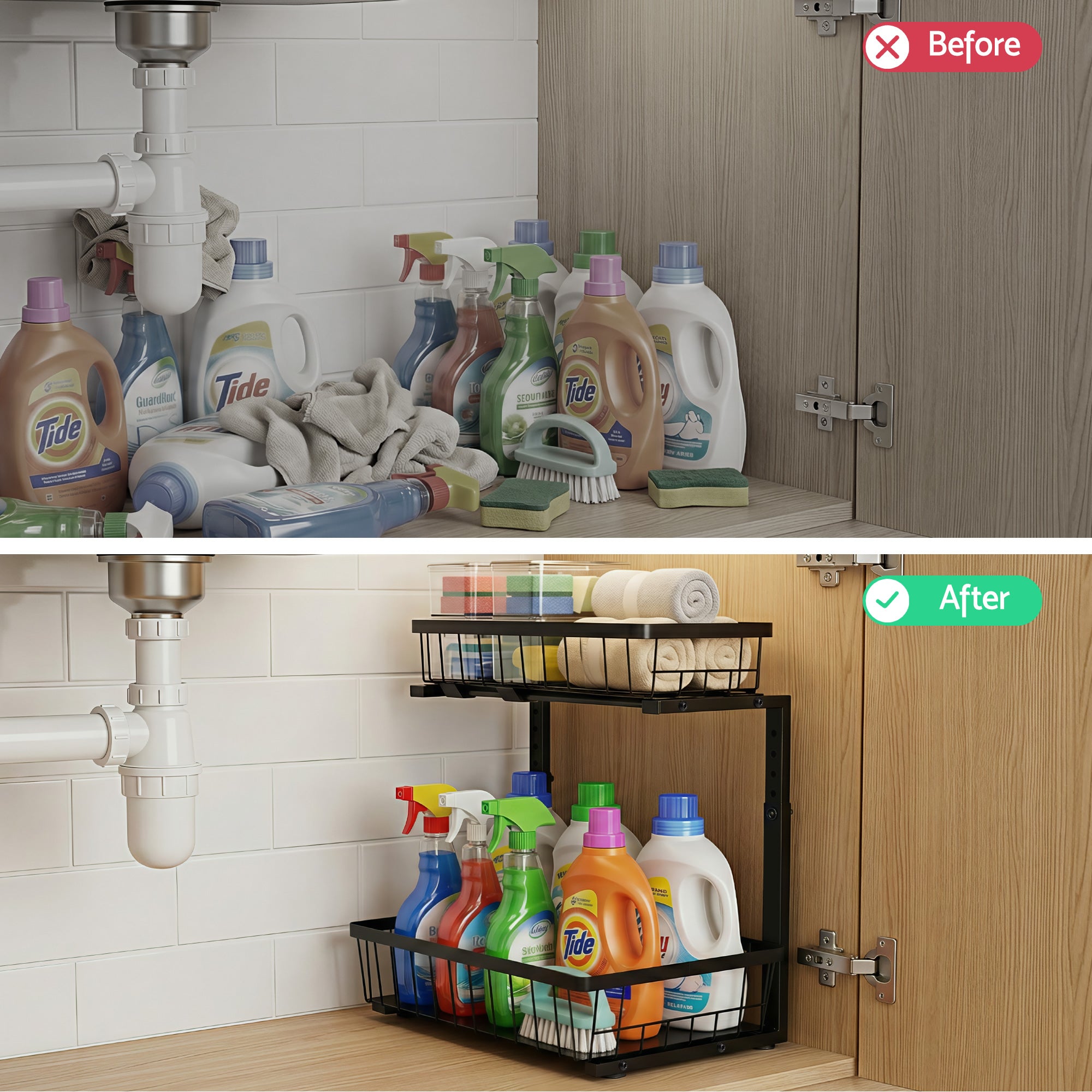 Artiss Under Sink Organizer Storage with 2 Slide Out Drawers 5 Adjustable Height Bathroom Kitchen Cabinet Black-Furniture > Dining > Kitchen & Dining Trolleys-PEROZ Accessories