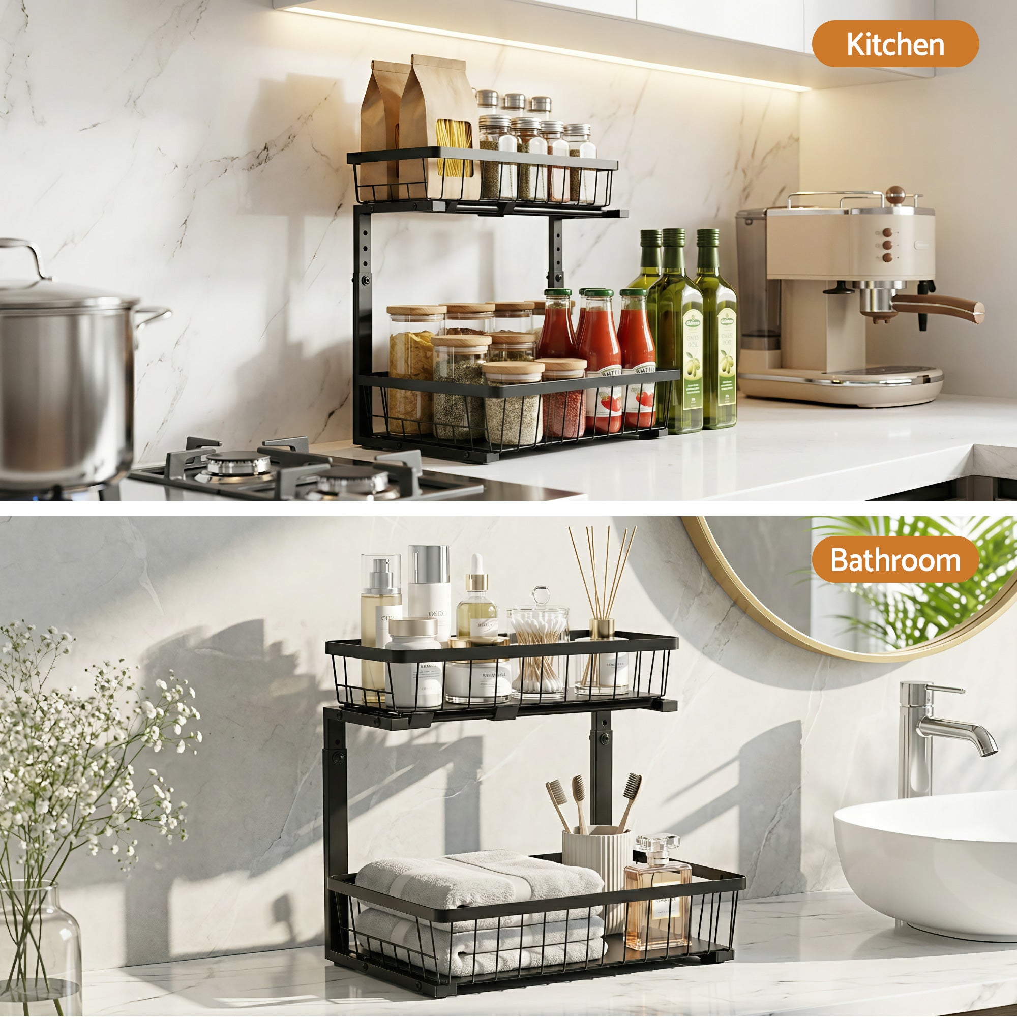 Artiss Under Sink Organizer Storage with 2 Slide Out Drawers 5 Adjustable Height Bathroom Kitchen Cabinet Black-Furniture > Dining > Kitchen & Dining Trolleys-PEROZ Accessories