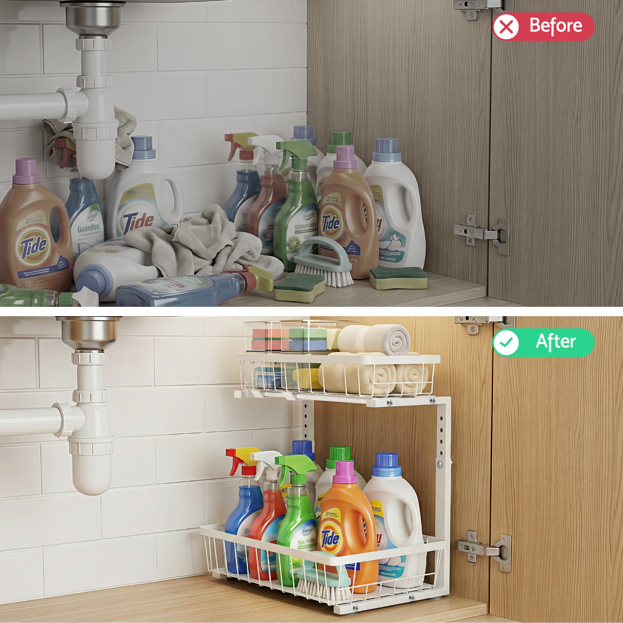 Artiss Under Sink Organizer Storage with 2 Slide Out Drawers 5 Adjustable Height Bathroom Kitchen Cabinet-Furniture > Dining > Kitchen & Dining Trolleys-PEROZ Accessories