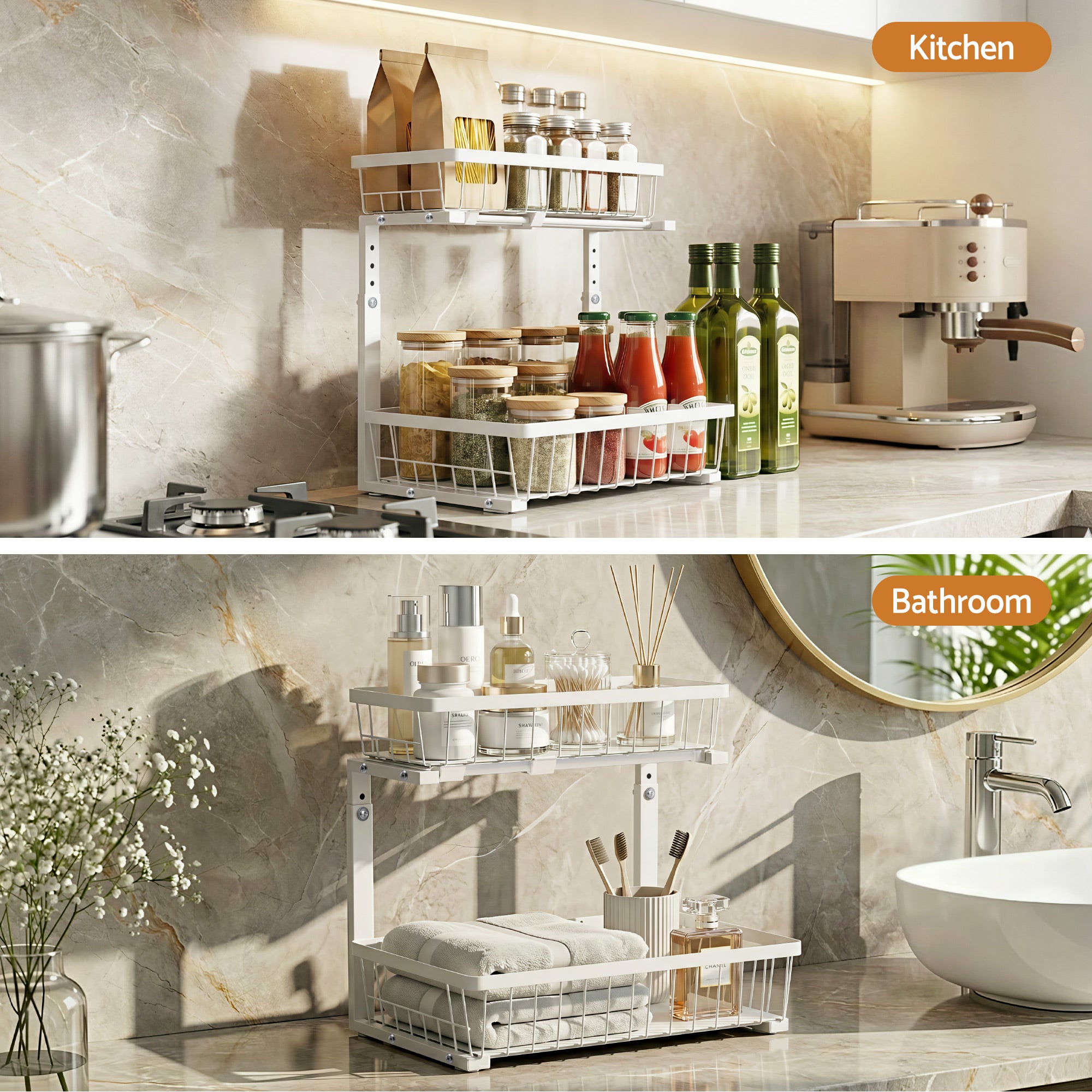 Artiss Under Sink Organizer Storage with 2 Slide Out Drawers 5 Adjustable Height Bathroom Kitchen Cabinet-Furniture > Dining > Kitchen & Dining Trolleys-PEROZ Accessories