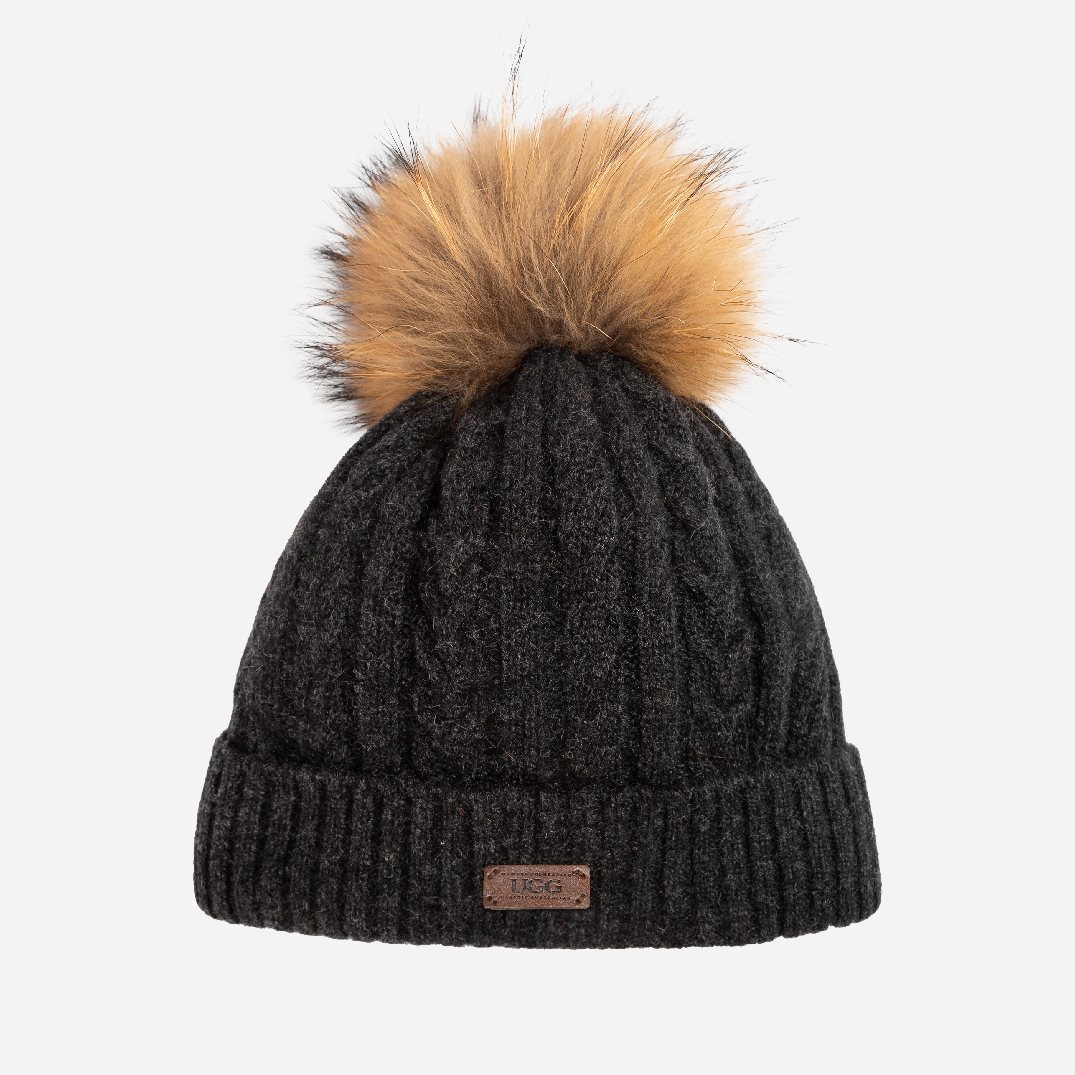 Ugg Cable Knit Pure Cashmere Beanie With Detachable Pom Pom (Raccoon)-PEROZ Accessories