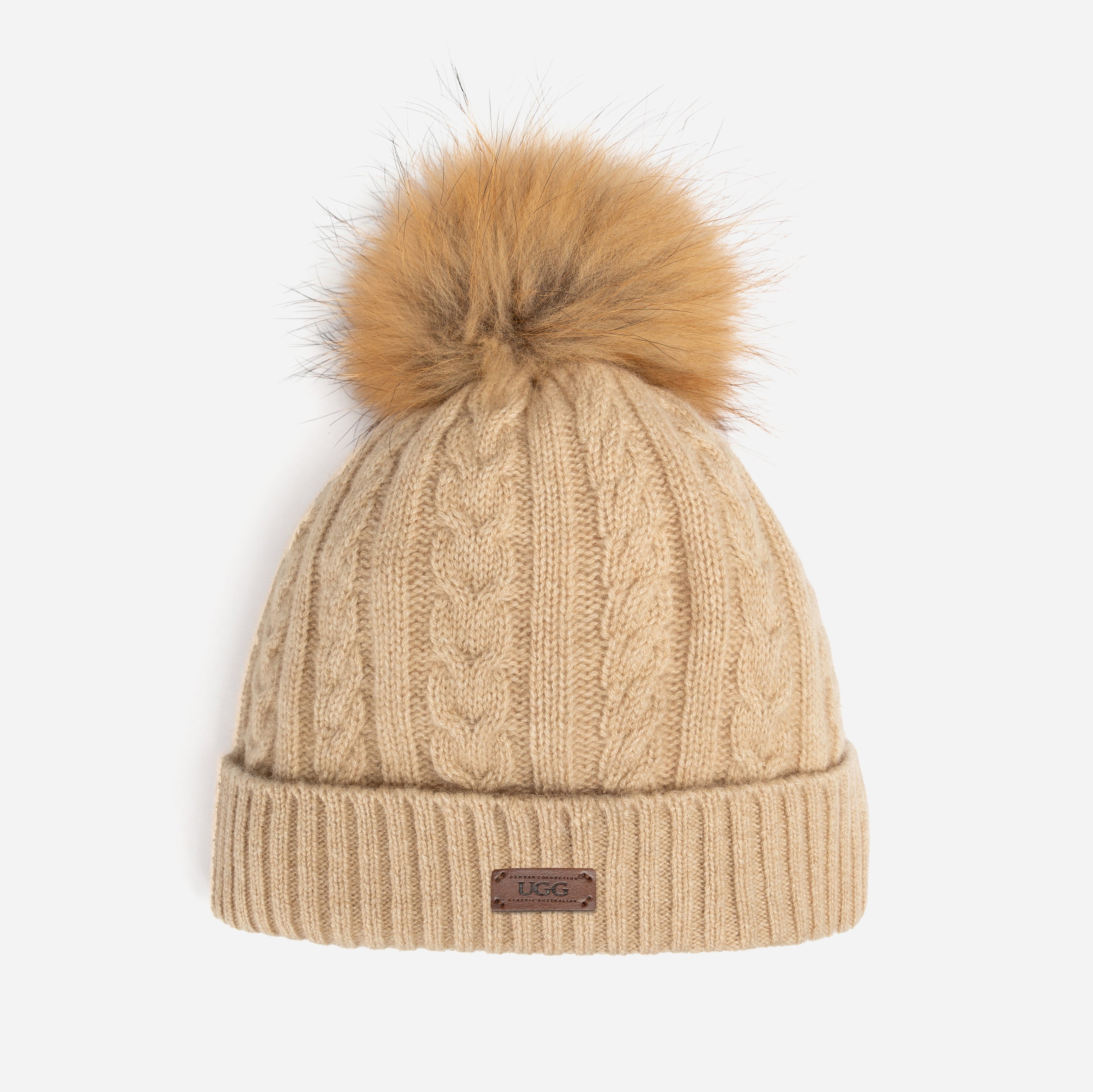 Ugg Cable Knit Pure Cashmere Beanie With Detachable Pom Pom (Raccoon)-PEROZ Accessories