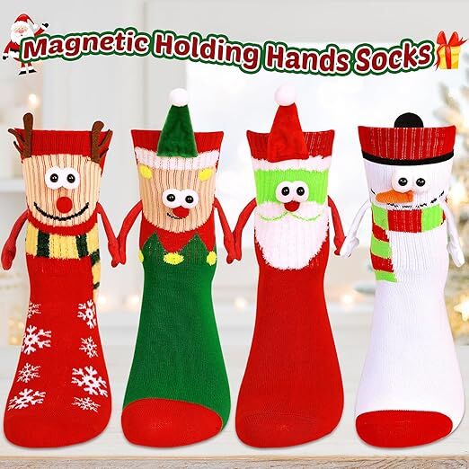 4 Pairs Christmas Socks, Crazy Holiday Hand Holding Socks Funny Christmas Stocking Stuffers-Occasions > Christmas > Christmas Clothing-PEROZ Accessories