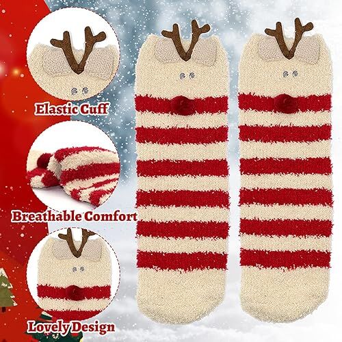 Christmas Socks - 6 Pairs Cozy Warm Fluffy Plush Bed Socks for Women, Girls - Cute Coral Fleece Xmas Indoor-Occasions > Christmas > Christmas Clothing-PEROZ Accessories