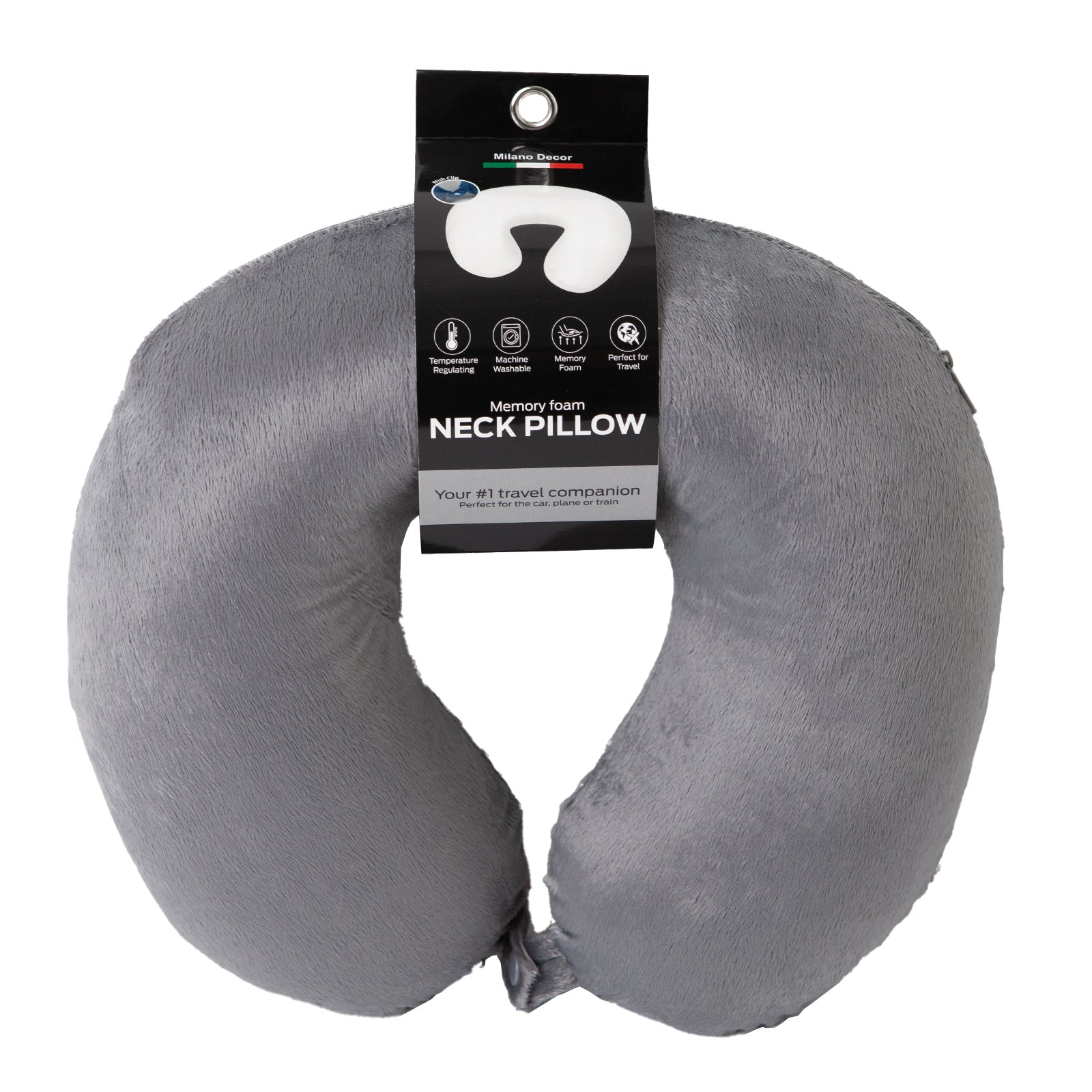 Milano Decor Memory Foam Travel Neck Pillow With Clip Cushion Support Soft Grey-Home & Garden > Bedding > Pillows-PEROZ Accessories