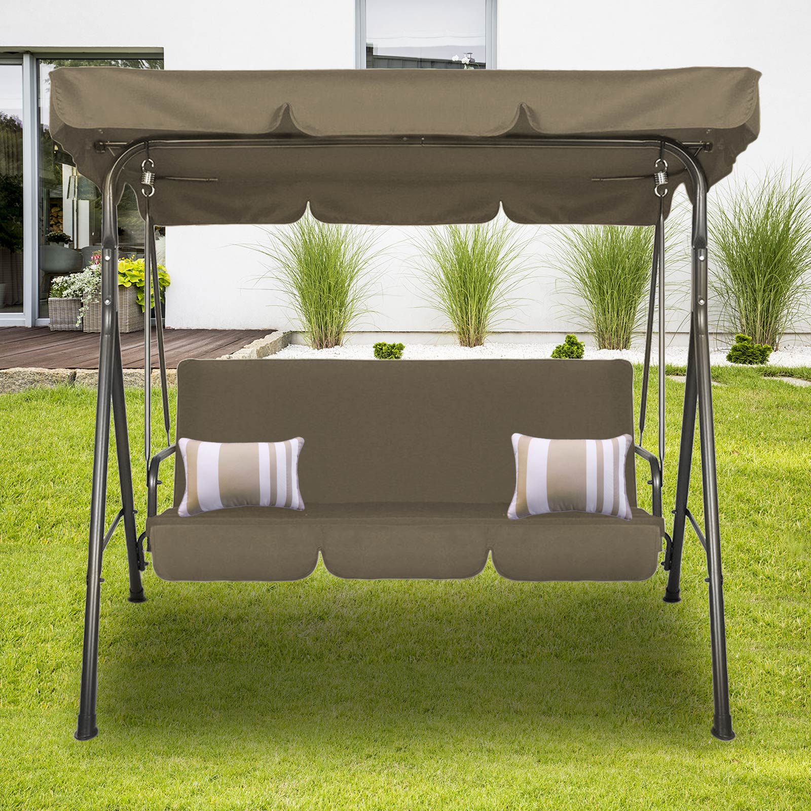 Milano Outdoor Swing Bench Seat Chair Canopy Furniture 3 Seater Garden Hammock - Coffee-Furniture > Outdoor > Outdoor Chairs-PEROZ Accessories