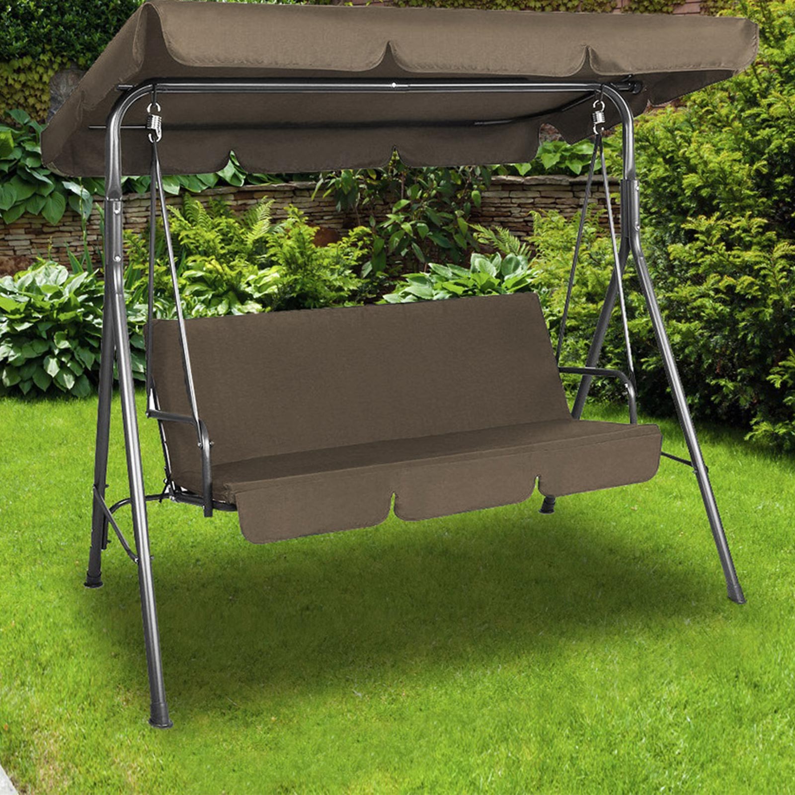 Milano Outdoor Swing Bench Seat Chair Canopy Furniture 3 Seater Garden Hammock - Coffee-Furniture > Outdoor > Outdoor Chairs-PEROZ Accessories