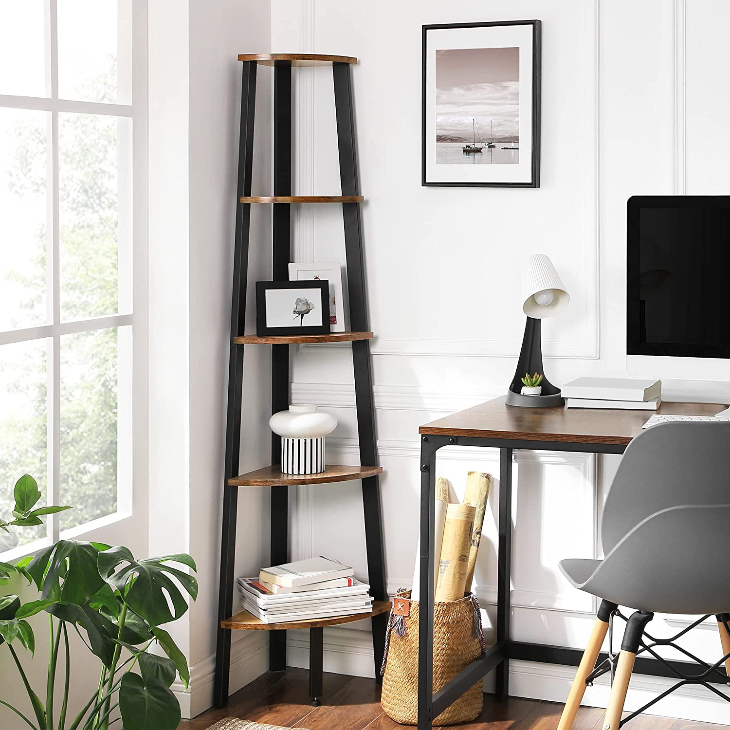 Rustic Brown Metal Frame 5 Tier Corner Shelf-Bookcases & Shelves-PEROZ Accessories