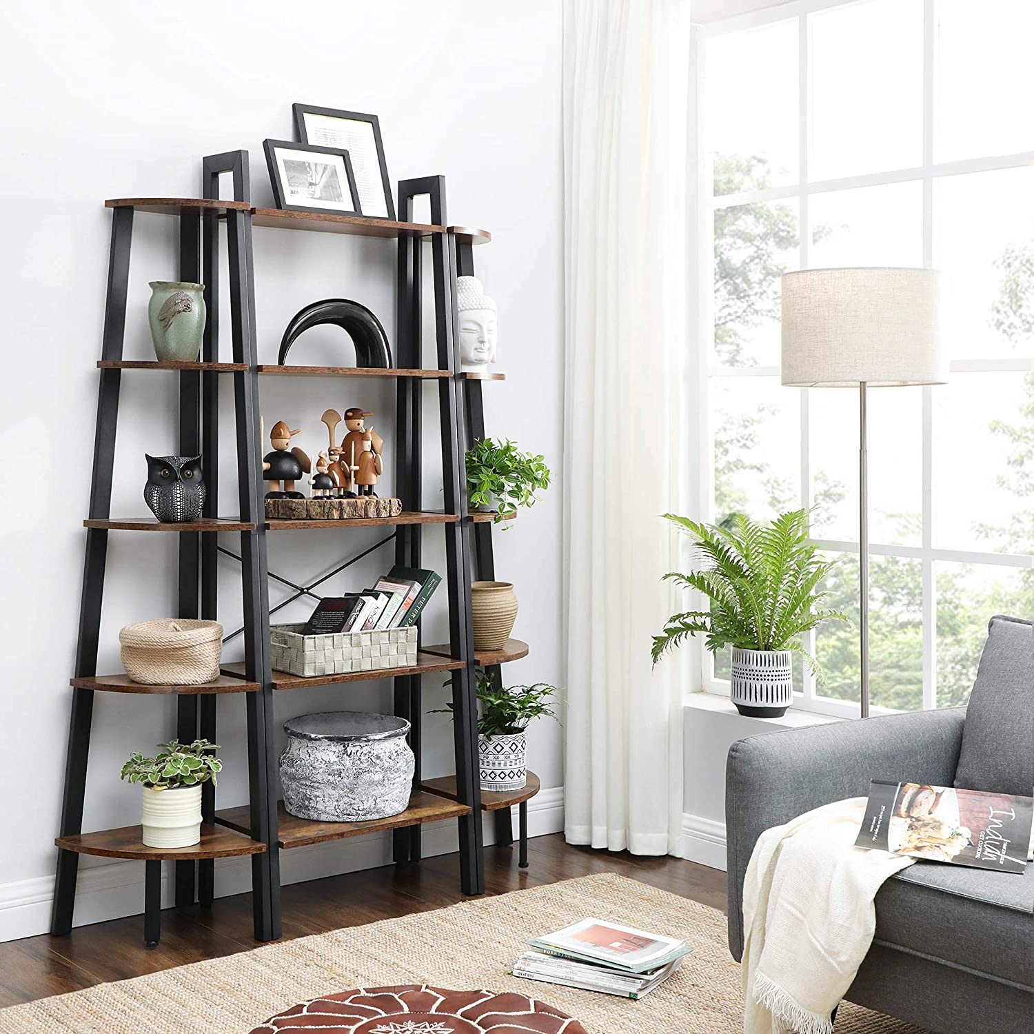 Rustic Brown Metal Frame 5 Tier Corner Shelf-Bookcases & Shelves-PEROZ Accessories