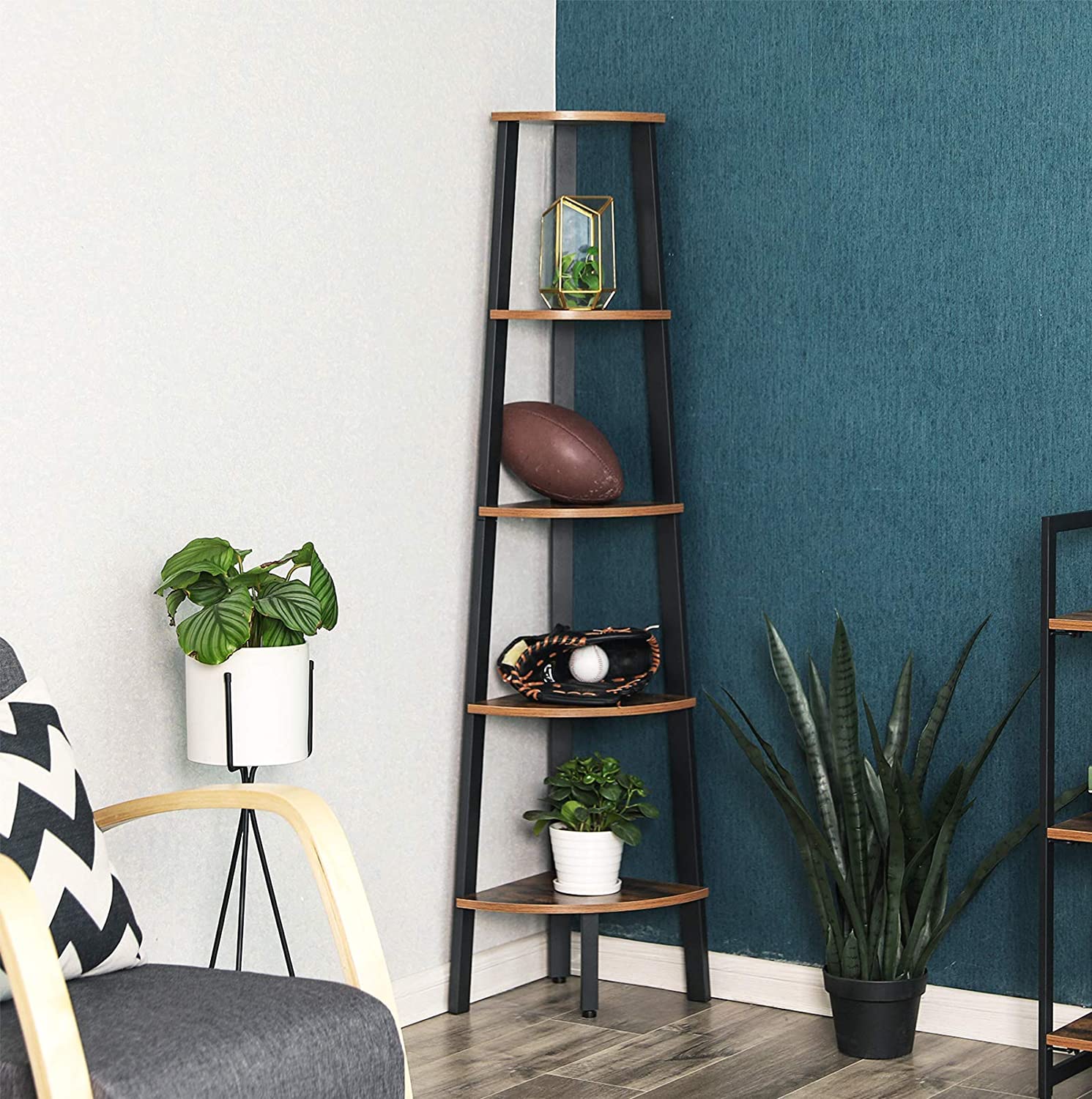 Rustic Brown Metal Frame 5 Tier Corner Shelf-Bookcases & Shelves-PEROZ Accessories