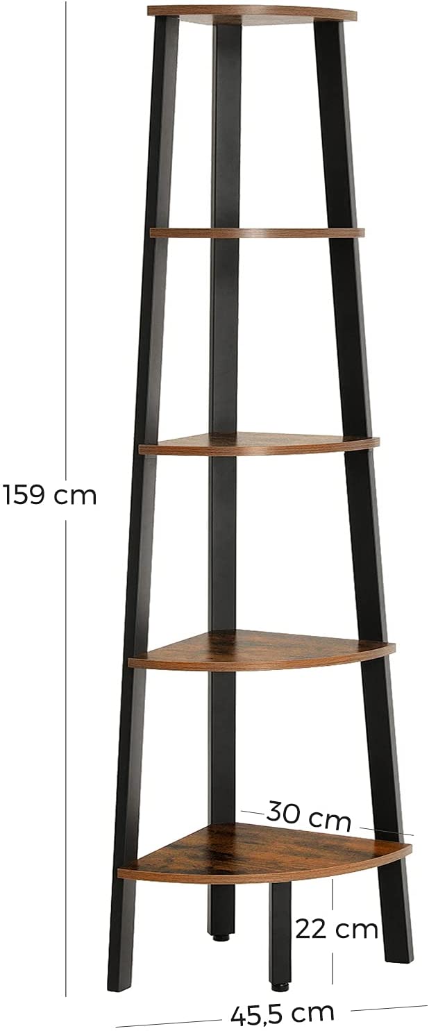 Rustic Brown Metal Frame 5 Tier Corner Shelf-Bookcases & Shelves-PEROZ Accessories