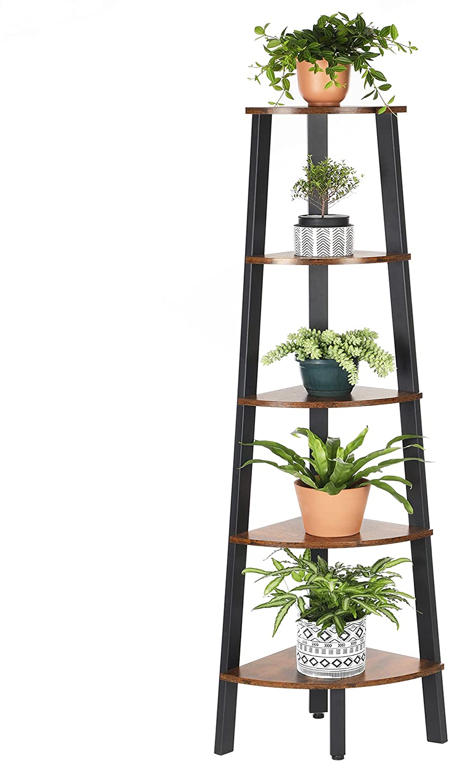 Rustic Brown Metal Frame 5 Tier Corner Shelf-Bookcases & Shelves-PEROZ Accessories