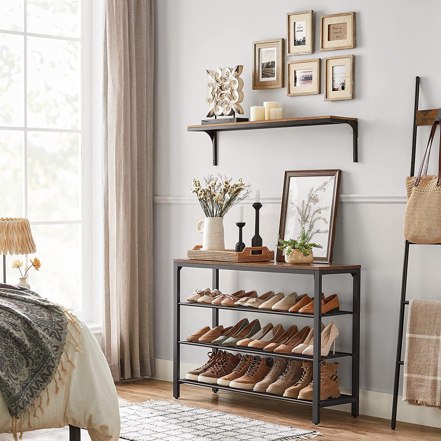 Shoe Rack with 3 Mesh Shelves Rustic Brown and Black-Shoe Storage Cabinets-PEROZ Accessories