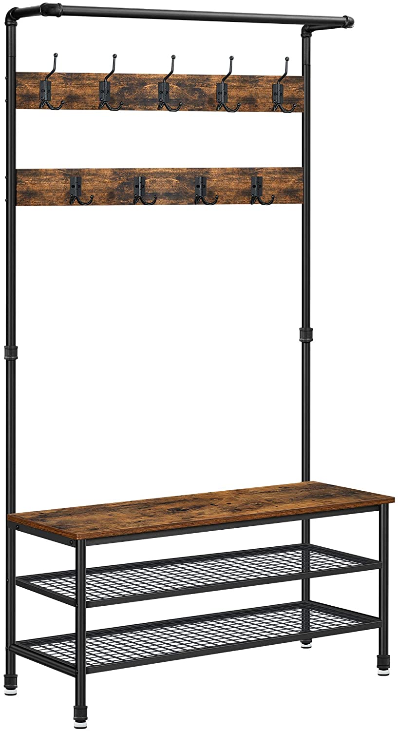 Coat Rack Stand with 9 Hooks and Shoe Rack with Industrial Style Sturdy Steel Frame-Furniture > Living Room > Coat Racks-PEROZ Accessories