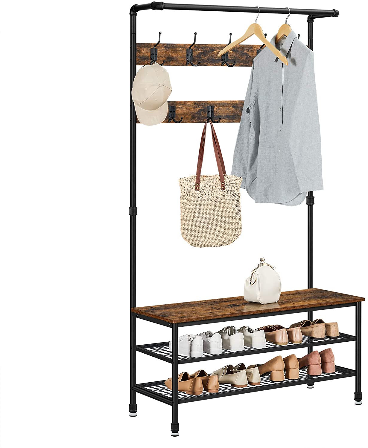 Coat Rack Stand with 9 Hooks and Shoe Rack with Industrial Style Sturdy Steel Frame-Furniture > Living Room > Coat Racks-PEROZ Accessories