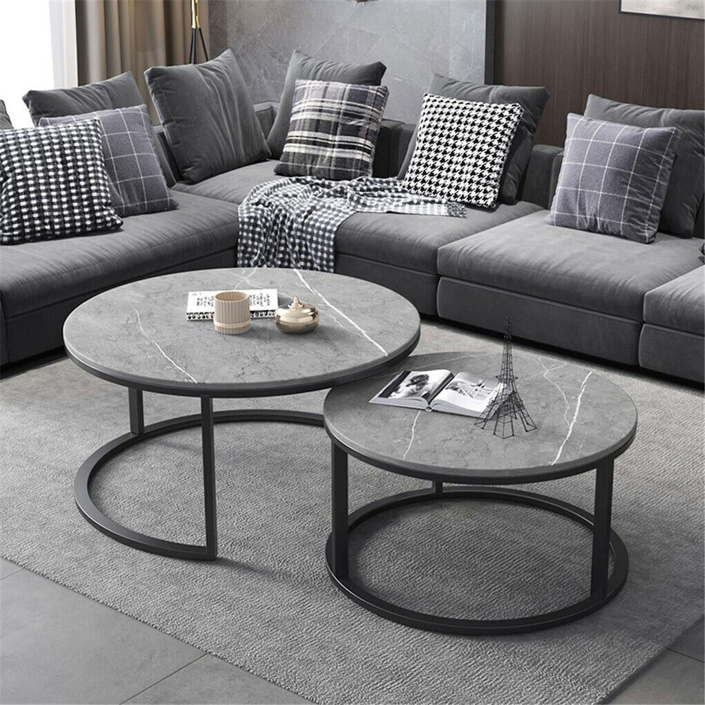 Set of 2 Grey Marble Nesting Coffee Tables 60/80cm-Furniture > Living Room > Coffee Tables-PEROZ Accessories