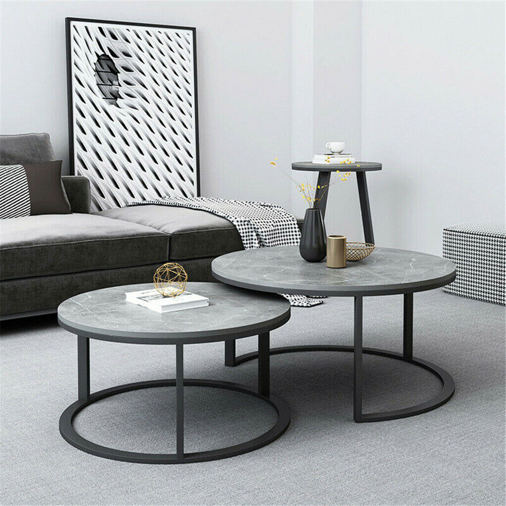 Set of 2 Grey Marble Nesting Coffee Tables 60/80cm-Furniture > Living Room > Coffee Tables-PEROZ Accessories